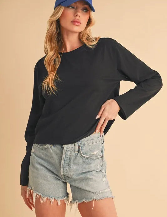 BLACK Aemi+Co Round Neck Long Sleeve T-Shirt | Daverri Fashions