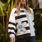 BiBi Patchwork Striped Round Neck Sweatshirt with black white stripes blue panel gray floral applique