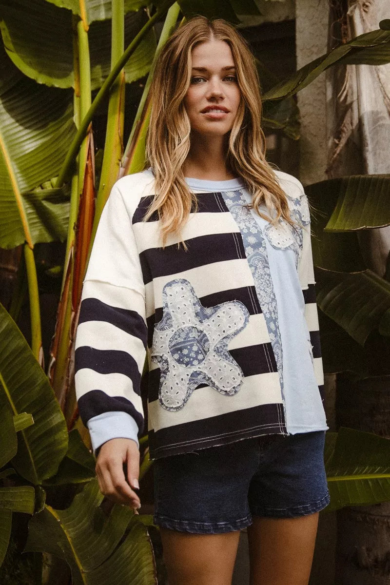 BiBi Patchwork Striped Round Neck Sweatshirt with black white stripes blue panel gray floral applique
