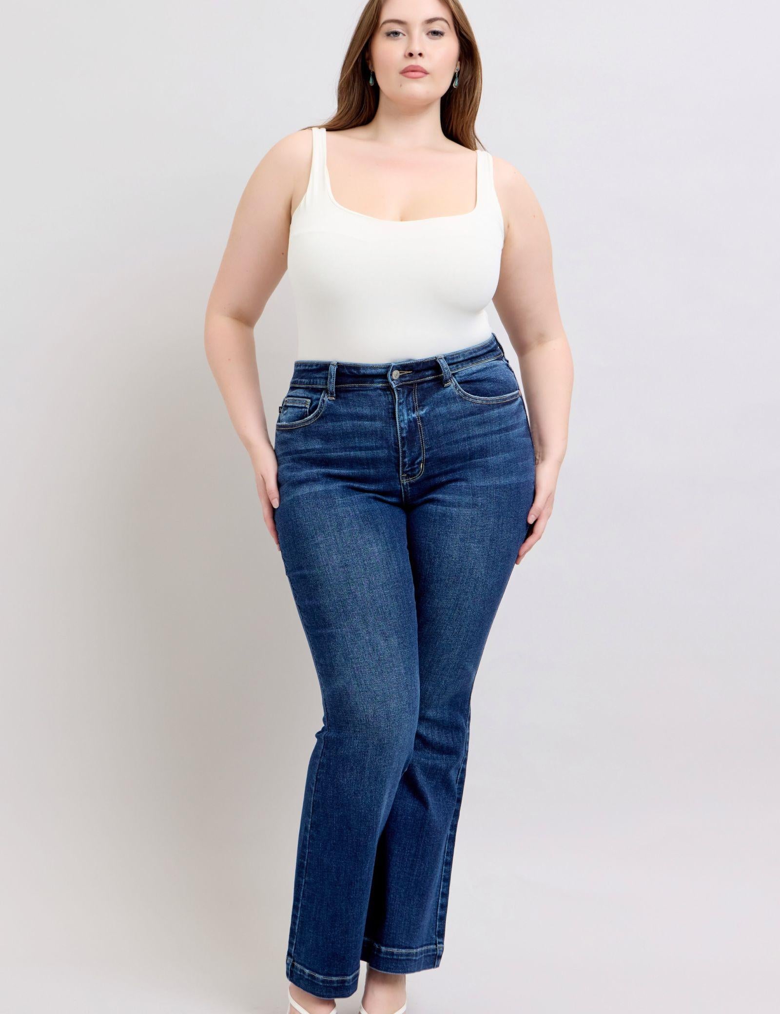 Dark Judy Blue High Rise Flare Jeans with Pockets | Jeans Daverri Fashions