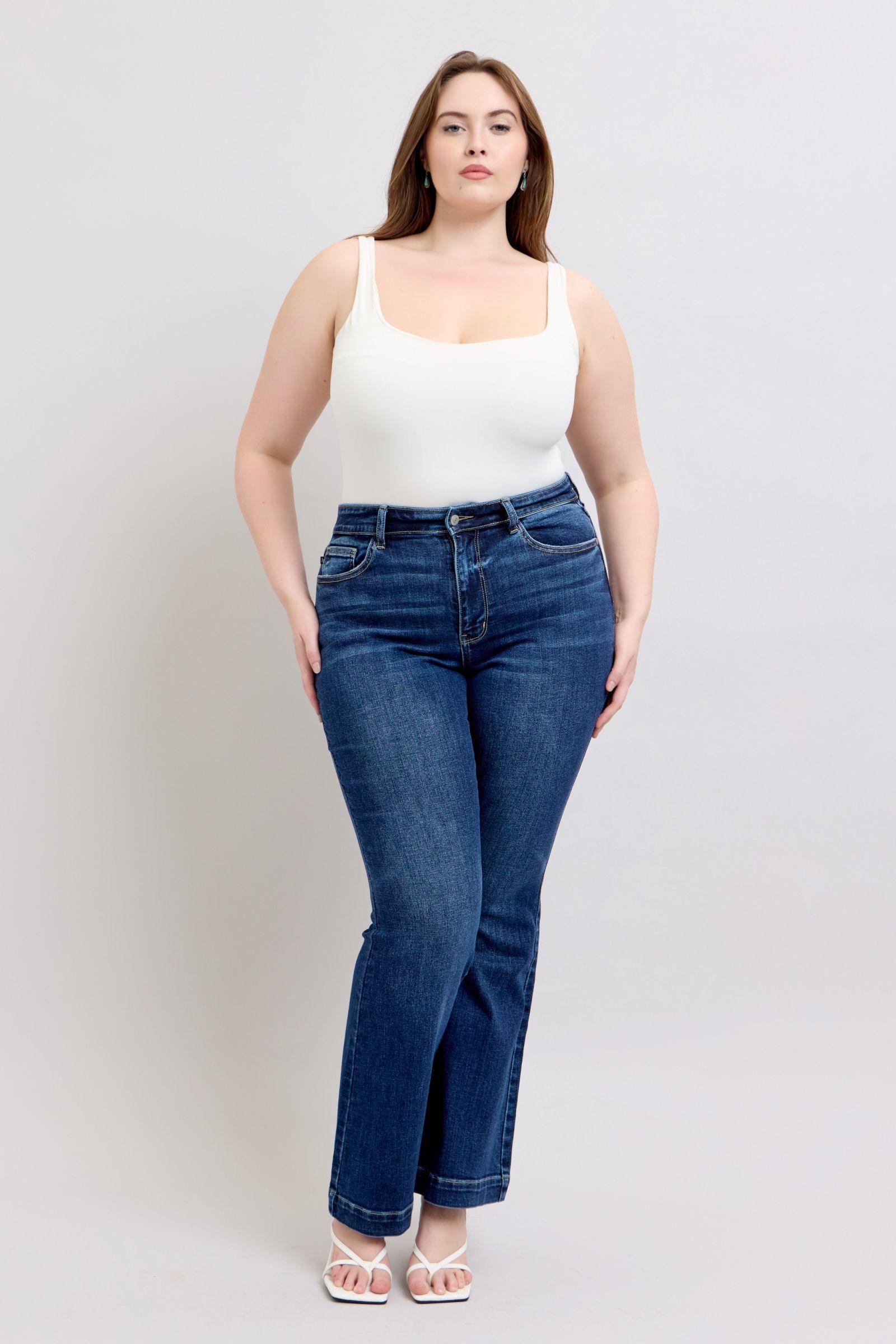 Dark Judy Blue High Rise Flare Jeans with Pockets | Jeans Daverri Fashions