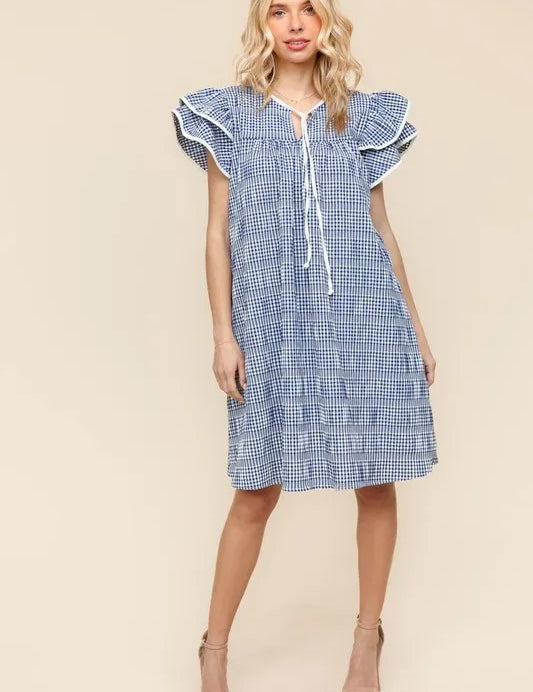 Navy L Haptics Double Ruffle Sleeve Dress with Side Pockets | Knee Length Dresses Daverri Fashions