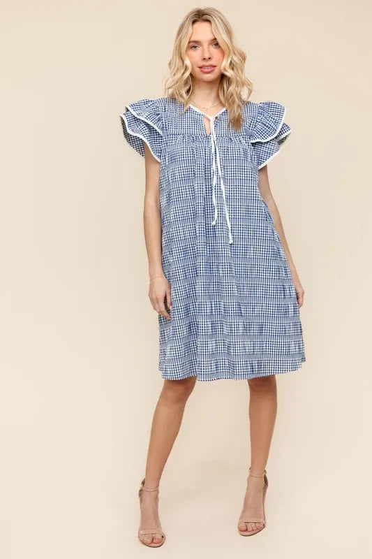 Haptics Double Ruffle Sleeve Dress with Side Pockets Navy Knee Length Dresses