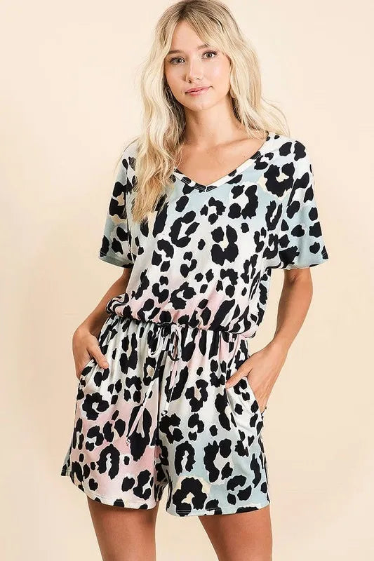 BiBi Gradation Leopard Soft Knit V-neck Romper Rompers