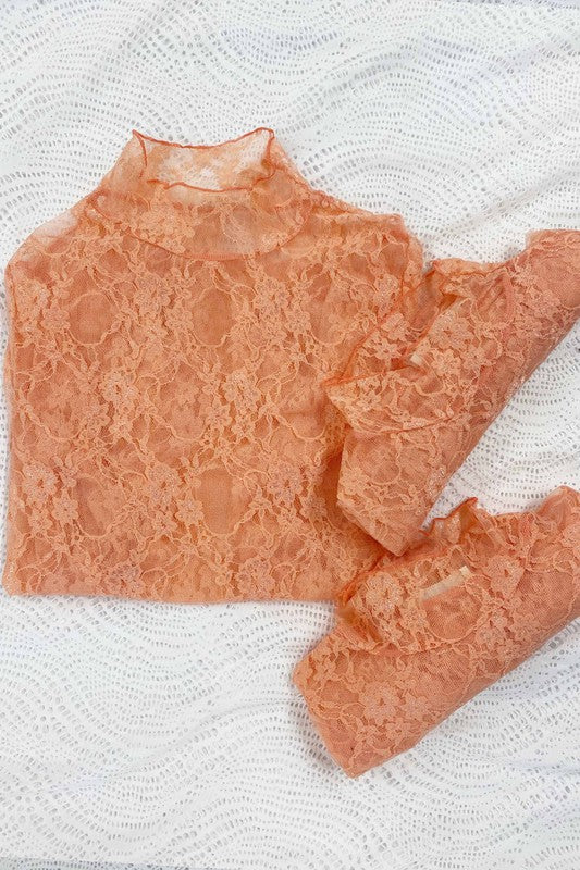 Jade by Jane floral print long sleeve peach lace top with high neckline