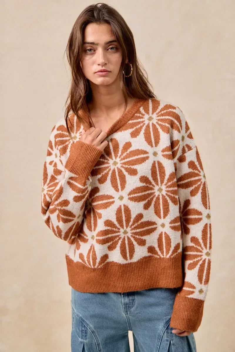BiBi Flower Pattern Long Sleeve Sweater - DAVERRI FASHIONS