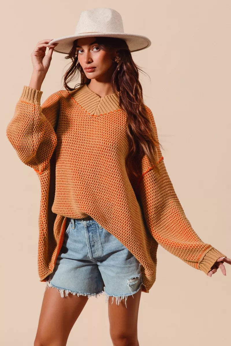 SO ME Oversized Two Tone Textured V Neck Sweater | Sweaters Daverri Fashions