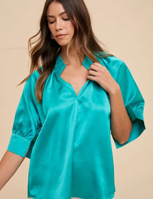 Annie Wear Satin V Neck Open Short Sleeve Woven Blouse Top | Tops Daverri Fashions