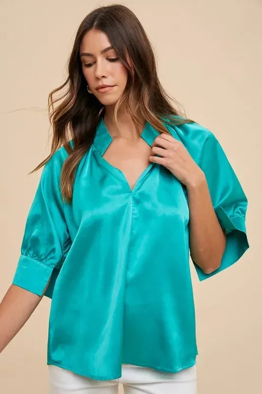 Annie Wear Satin V Neck Open Short Sleeve Woven Blouse Top - DAVERRI FASHIONS