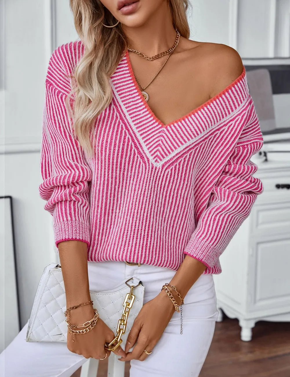 Cerise Striped V-Neck Long Sleeve Sweater | Sweaters Daverri Fashions