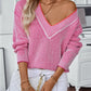 Striped V-Neck Long Sleeve Sweater - DAVERRI FASHIONS
