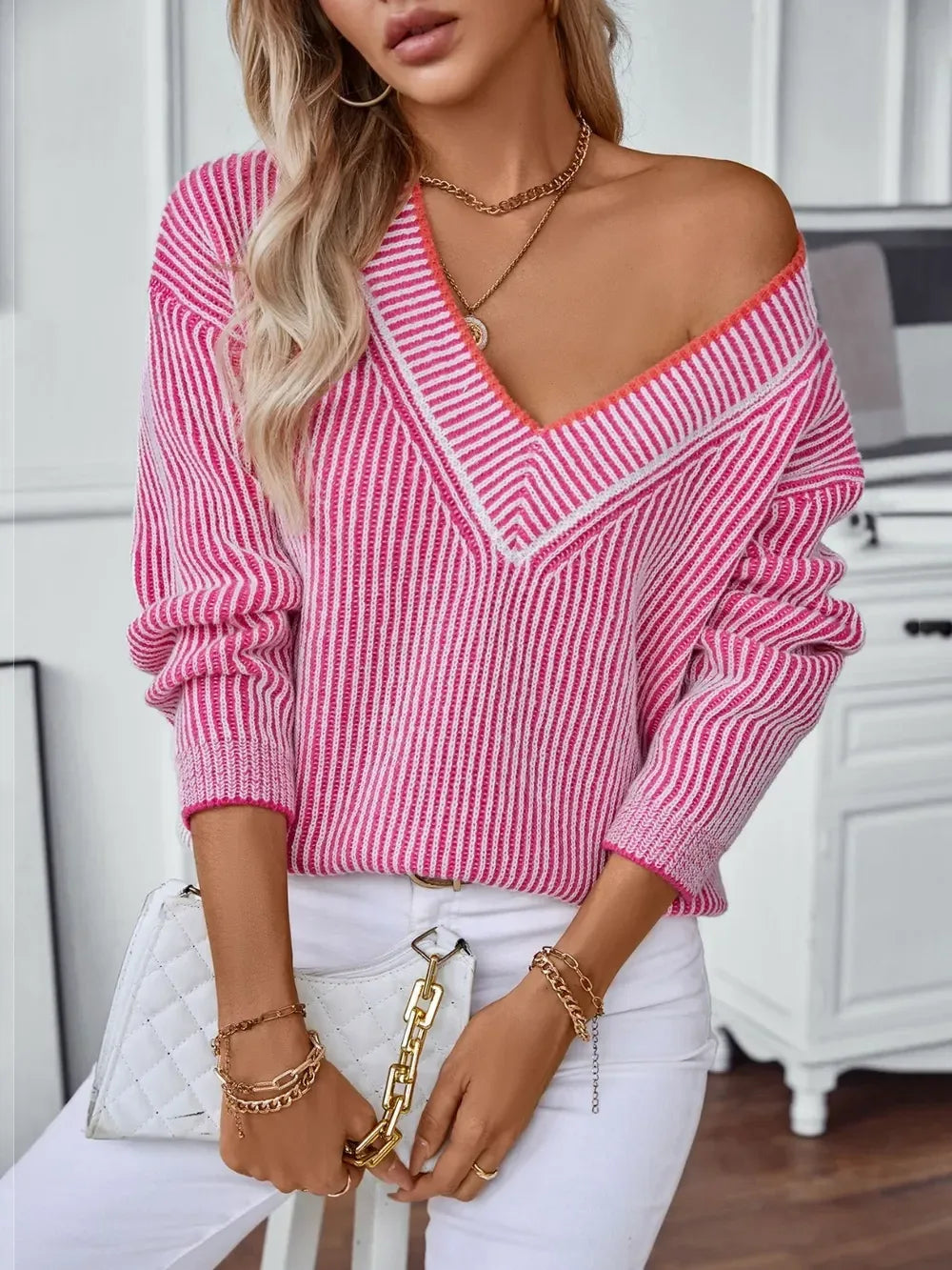 Striped V-Neck Long Sleeve Sweater - DAVERRI FASHIONS
