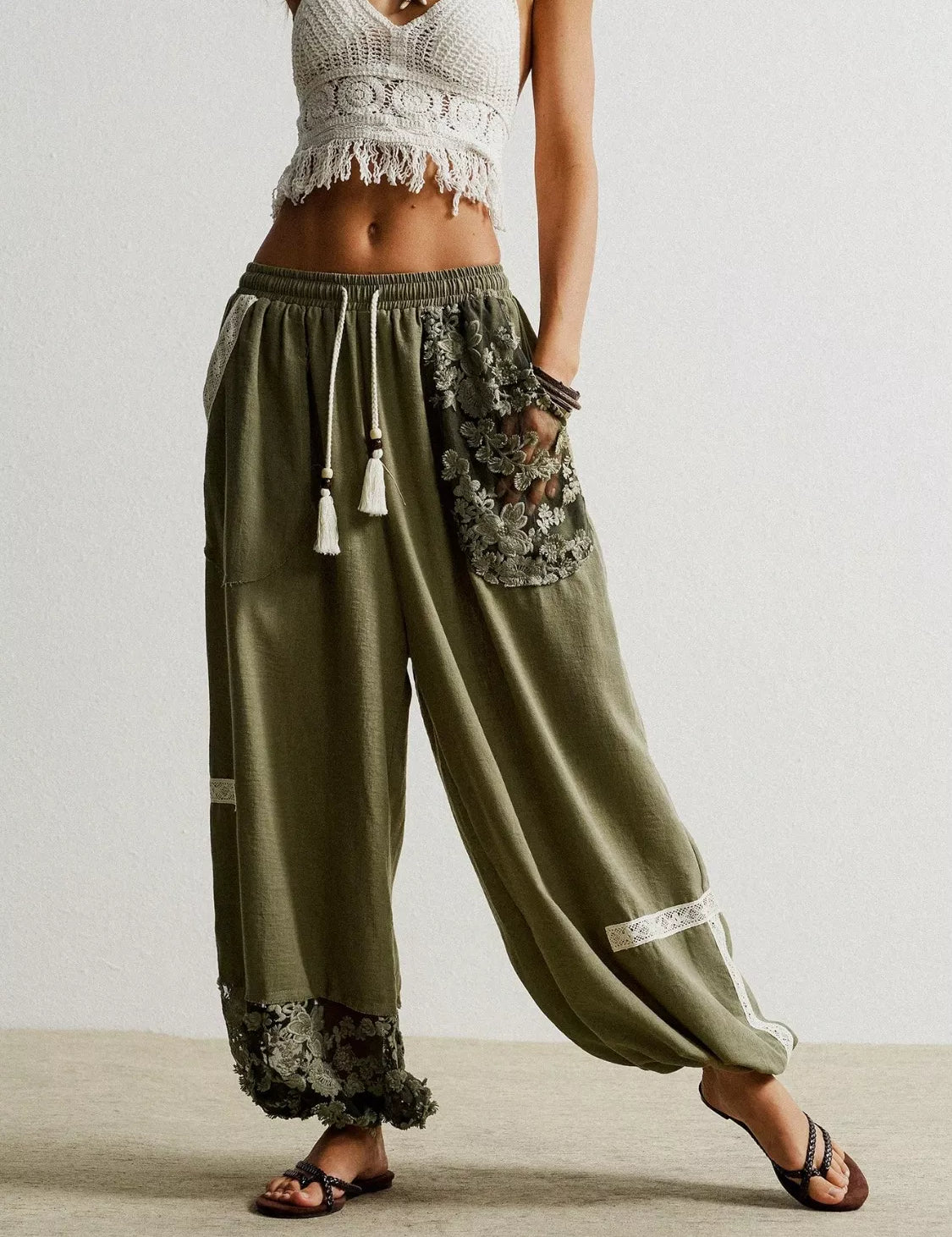 Moss Lace Detail Drawstring Harem Pants | Loungewear Bottoms Daverri Fashions