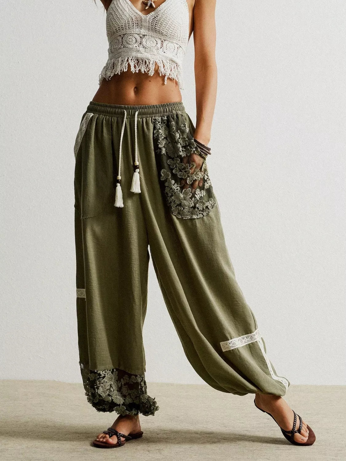 Moss Lace Detail Drawstring Harem Pants | Loungewear Bottoms Daverri Fashions