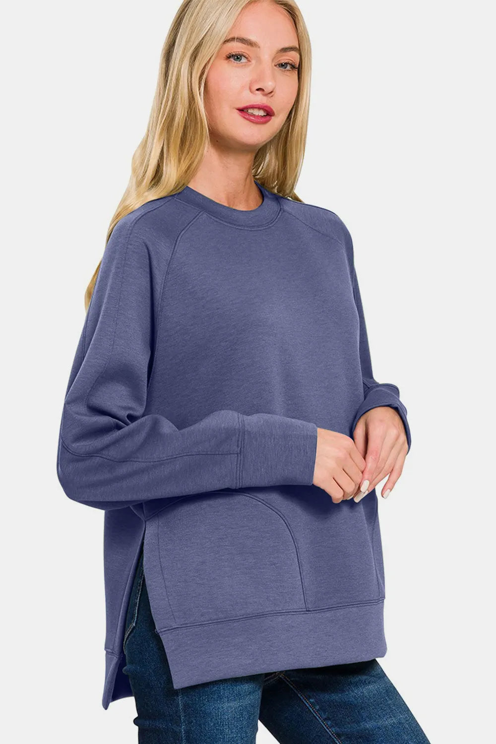 Zenana Scuba Round Neck Side Slit Sweatshirt Sweatshirts