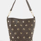 Fame studded brown leather bucket bag with gold studs and strap