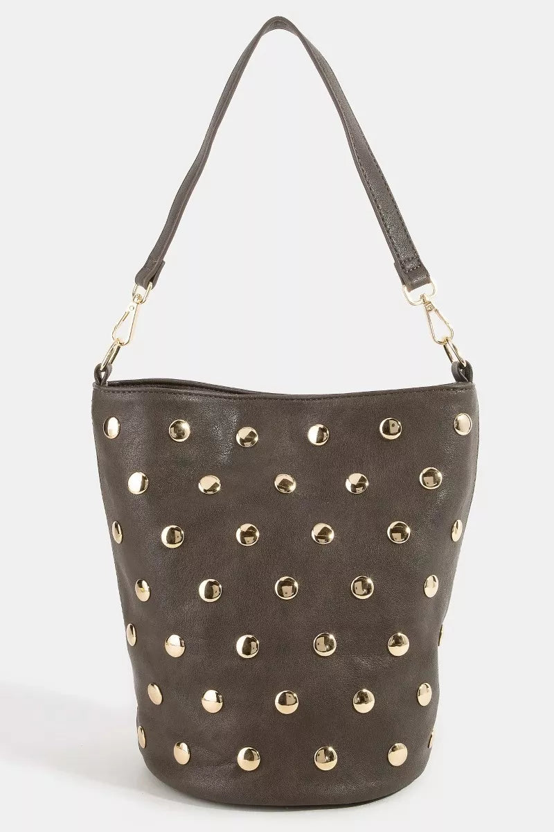 Fame studded brown leather bucket bag with gold studs and strap