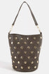 Fame studded brown leather bucket bag with gold studs and strap