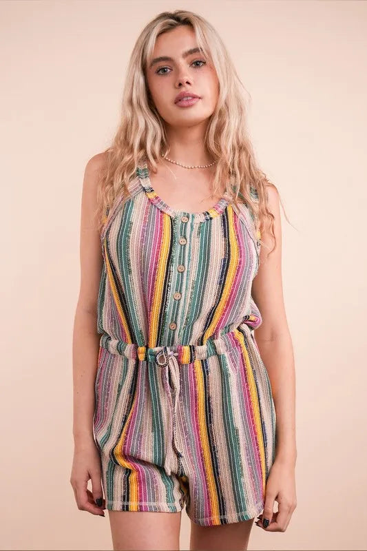 VERY J Crochet Multi Color Striped Casual Summer Romper Rompers