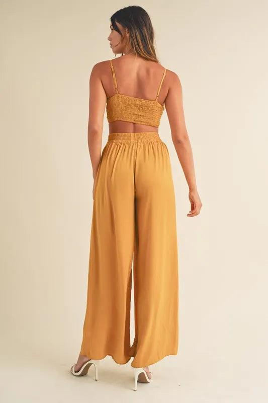 MABLE Smocked Bralette Crop Top and Wide Leg Pants Set Outfit Sets