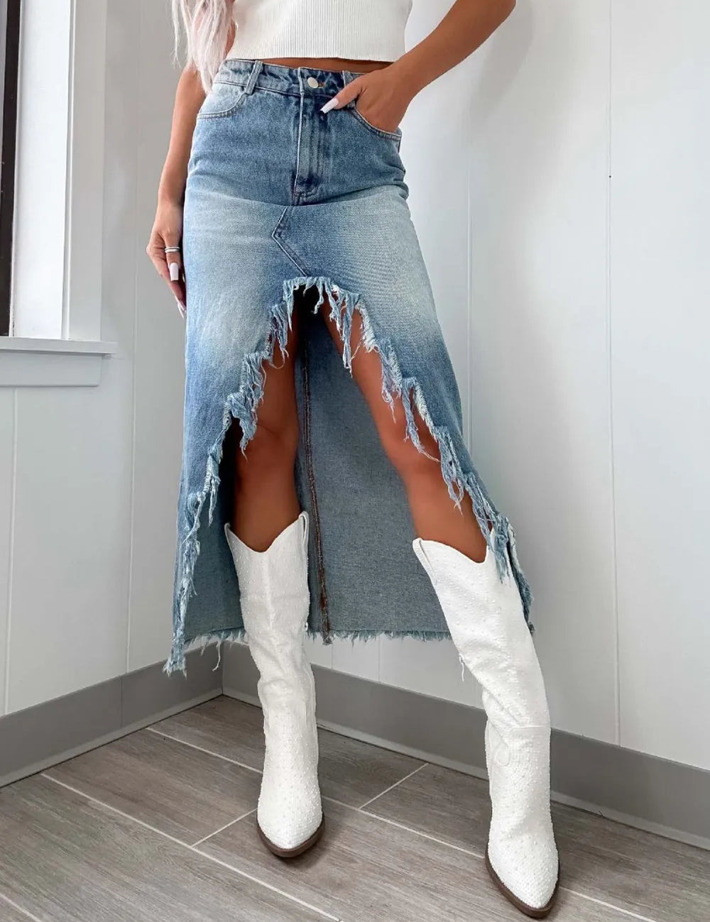 Light High-Waist Raw Hem Asymmetry Denim Skirt | Skirts Daverri Fashions