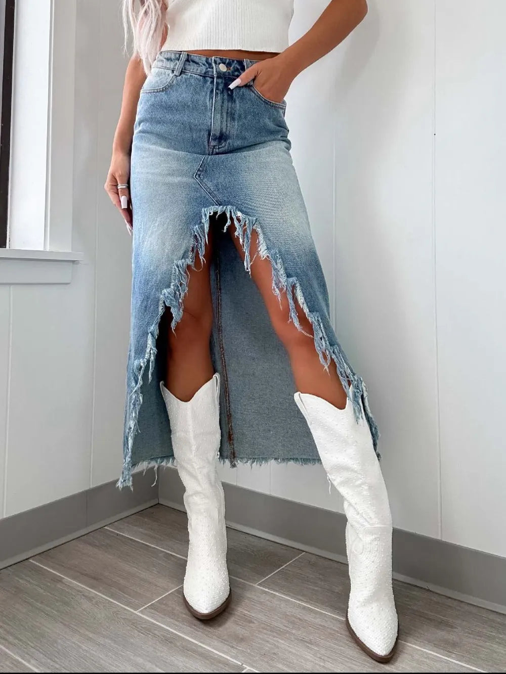 Light High-Waist Raw Hem Asymmetry Denim Skirt | Skirts Daverri Fashions