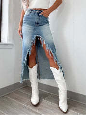 Light High-Waist Raw Hem Asymmetry Denim Skirt | Skirts Daverri Fashions