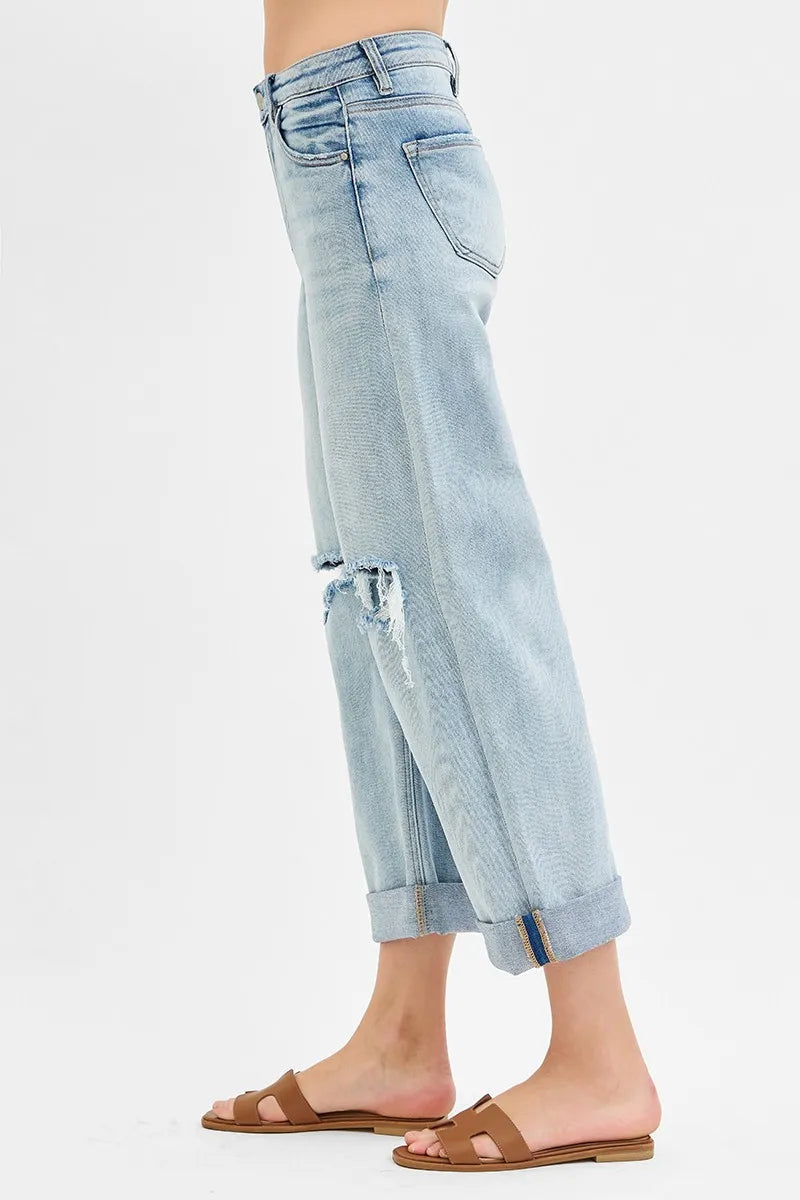 RISEN Full Size Mid Rise Fit Boyfriend Jeans with Cuff Jeans