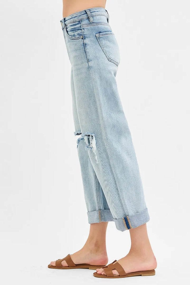RISEN Full Size Mid Rise Fit Boyfriend Jeans with Cuff Jeans