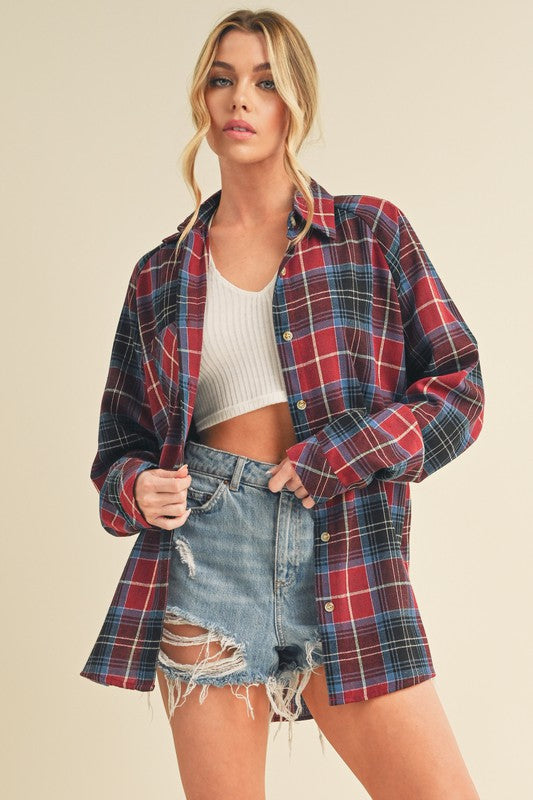 Aemi + Co Flannel Plaid Button Up Raglan Sleeve Shirt Deep Red