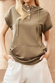 Olive green drawstring quarter snap cap sleeve hoodie with buttons