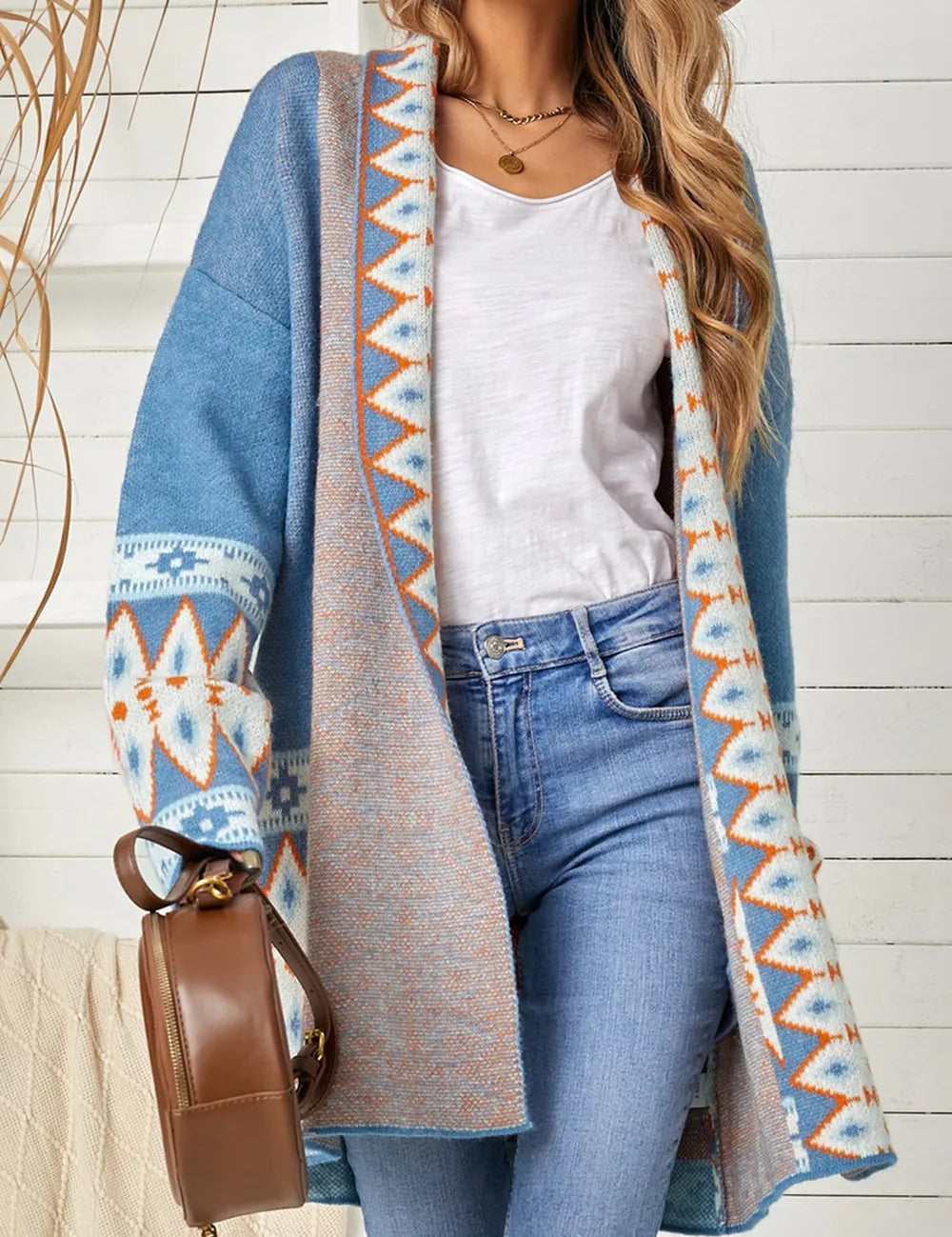Blue Geometric Open Front Long Sleeve Cardigan | Cardigans Daverri Fashions