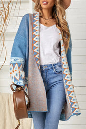 Blue Geometric Open Front Long Sleeve Cardigan | Cardigans Daverri Fashions