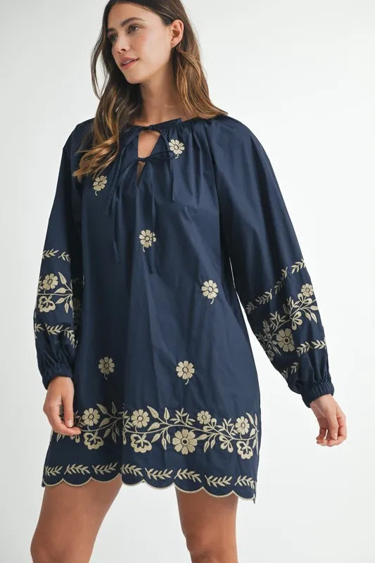 MABLE Embroidered Long Sleeve Peasant Mini Dress Mini Dresses