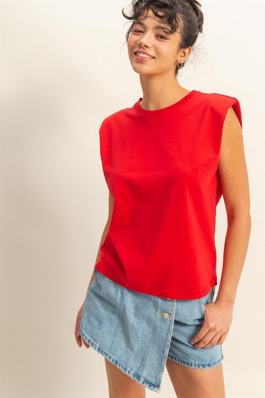 HYFVE Round Neck Shoulder Pad Sleeveless Top Red Tops