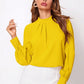 Bright yellow ruched mock neck long sleeve blouse with pleated collar