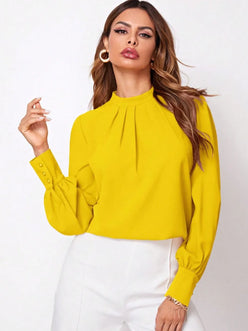 Bright yellow ruched mock neck long sleeve blouse with pleated collar
