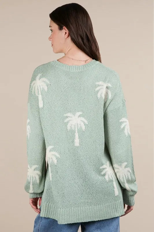 VERY J Palm Tree Graphic Oversized Knit Sweater Sweaters