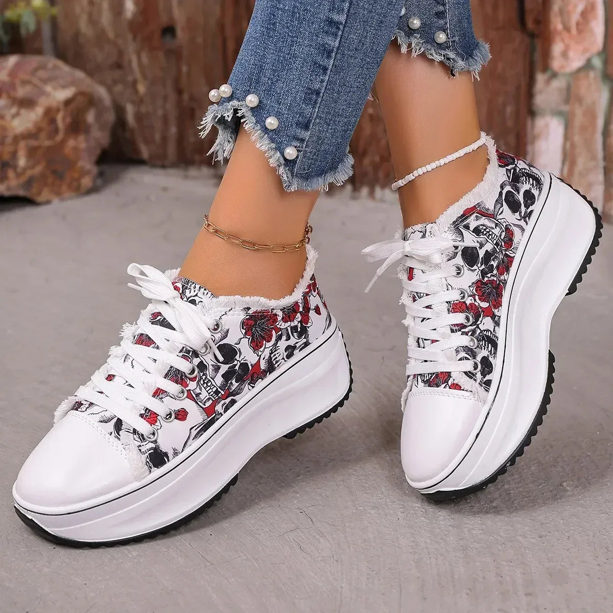 Printed Lace Up Platform Sneakers - DAVERRI FASHIONS