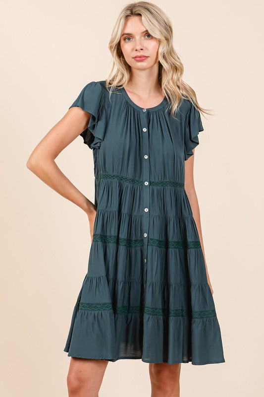 Mittoshop Deep Teal Lace Detail Ruffled Button Down Tiered Dress Deep Teal