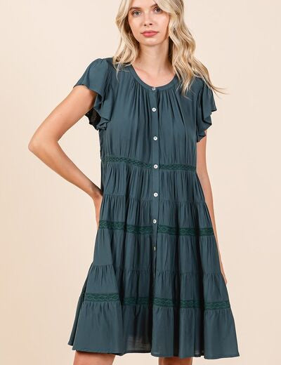 Mittoshop Lace Detail Ruffled Button Down Tiered Dress Deep Teal