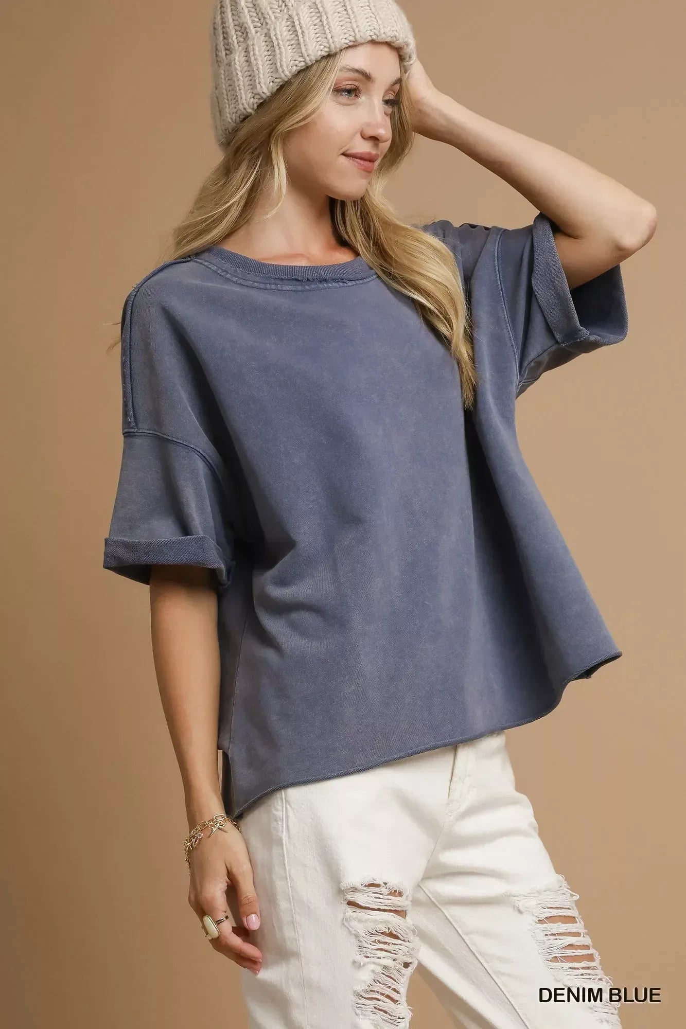 Umgee Mineral Wash Round Neck Top Blue - DAVERRI FASHIONS