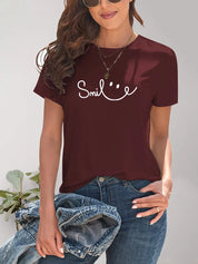 Burgundy short-sleeved SMILE t-shirt with smiley face design