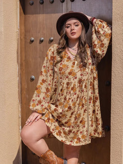 Plus Size Printed V-Neck Balloon Sleeve Mini Dress - DAVERRI FASHIONS