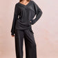 Dark gray ribbed knit BiBi two-tone V-neck loungewear set with wide-leg pants