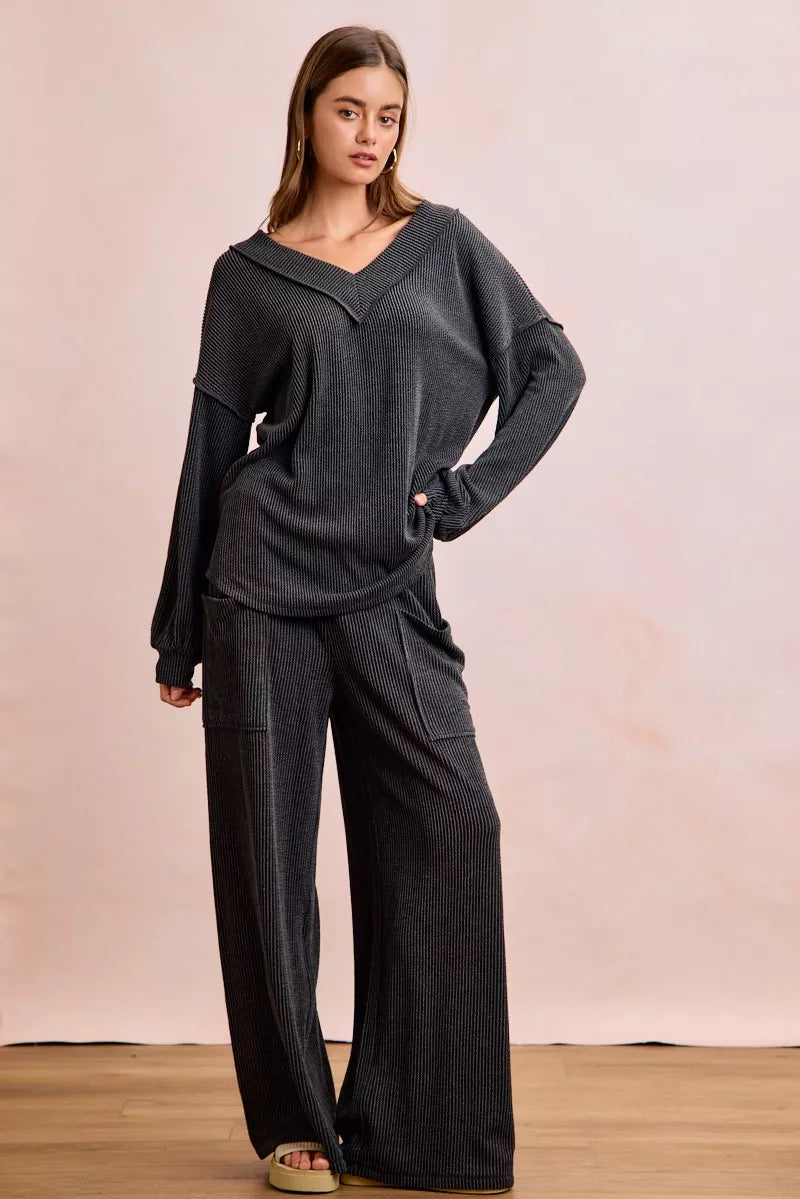 Dark gray ribbed knit BiBi two-tone V-neck loungewear set with wide-leg pants