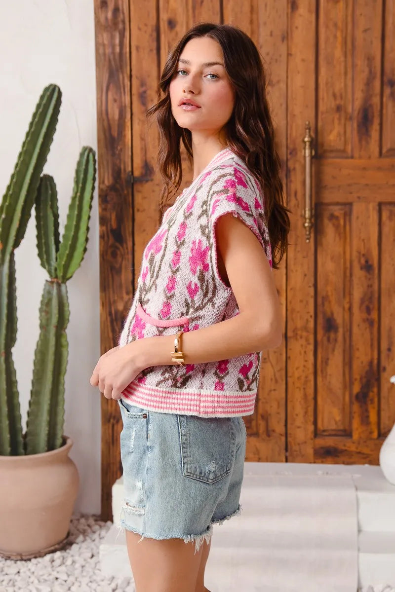 SO ME Button Front Floral and Stripe Knitted Sweater Vest