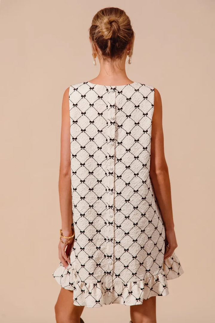 SO ME Texture Bow Printed Mini Ruffle Dress