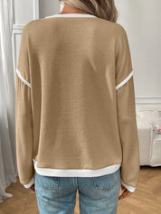 Ribbed Contrast Trim Long Sleeve Top | Knit Tops Daverri Fashions