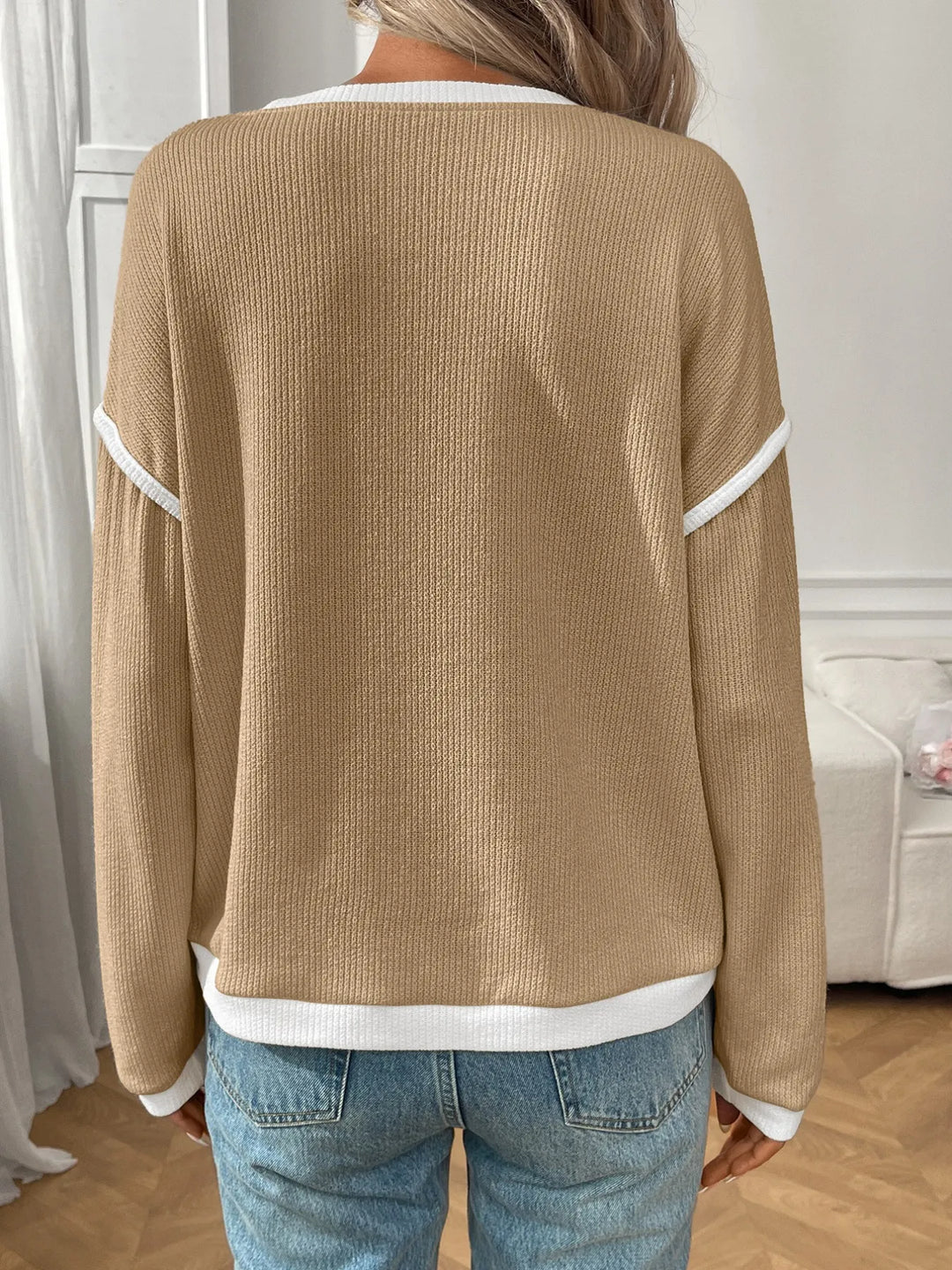 Ribbed Contrast Trim Long Sleeve Top | Knit Tops Daverri Fashions